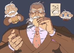 Rule 34 | 1boy, bara, beard, blue eyes, burger, business suit, chewing, chibi, chibi inset, closed eyes, cuff links, eating, facial hair, food, formal, highres, jp (street fighter), large pectorals, long hair, male focus, mature male, multiple views, muscular, muscular male, mustache, necktie, pectorals, ponytail, sa1k0p, shirt, solo, street fighter, street fighter 6, suit, surprised, thick eyebrows, thick mustache, translation request, white hair, white shirt