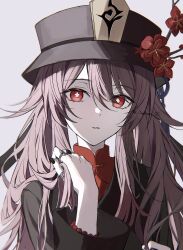 Rule 34 | 1girl, black hat, black nails, flower, flower-shaped pupils, genshin impact, hair between eyes, hand in own hair, hat, hat flower, highres, hu tao (genshin impact), jewelry, long hair, looking at viewer, multiple rings, nail polish, red eyes, red flower, ring, seina1211, simple background, solo, symbol-shaped pupils, upper body