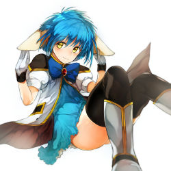 Rule 34 | 1girl, animal ears, ass, black thighhighs, blue bow, blue bowtie, blue dress, blue hair, boots, bow, bowtie, brooch, closed mouth, dress, galaxy angel, gloves, hand on own ear, highres, invisible chair, jacket, jewelry, looking at viewer, military, military uniform, mint blancmanche, nishiide kengorou, puffy short sleeves, puffy sleeves, short dress, short hair, short sleeves, simple background, sitting, smile, solo, thighhighs, uniform, white background, white footwear, white gloves, white jacket, yellow eyes