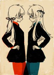 Rule 34 | 2girls, black dress, black ribbon, blue eyes, blue legwear, chromatic aberration, closed mouth, commentary request, dress, eye contact, from side, glasses, grey background, hair ribbon, hands on own hips, highres, keishin, limited palette, long hair, long sleeves, looking at another, mirror image, multiple girls, original, pantyhose, profile, red eyes, red legwear, ribbon, semi-rimless eyewear, short dress, smile, symmetry, under-rim eyewear