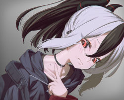 Rule 34 | 1girl, black choker, black hair, black jacket, blue archive, blush, choker, closed mouth, commentary request, curled horns, dutch angle, ear piercing, grey background, hair between eyes, highres, hironii (hirofactory), hood, hood down, hooded jacket, horns, jacket, kayoko (blue archive), long sleeves, looking at viewer, mole, mole on neck, multicolored hair, nail polish, piercing, pink nails, ponytail, red eyes, silver hair, solo, sweat, two-tone hair, upper body