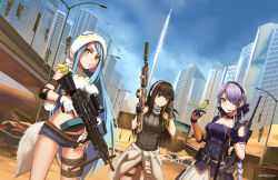 Rule 34 | 3girls, ammunition, ammunition box, armband, assault rifle, asymmetrical gloves, bird, black eyes, black hair, blue hair, breasts, blowing bubbles, building, buttons, chewing gum, choker, cityscape, clothes around waist, commentary, crossover, day, double-breasted, english commentary, eyes visible through hair, girls&#039; frontline, gloves, green hair, gun, hair over one eye, hanged, highres, holding, holding gun, holding weapon, hood, jacket, jacket around waist, lamppost, large breasts, light machine gun, long hair, m249, m249 saw (girls&#039; frontline), m4 carbine, m4a1 (girls&#039; frontline), machine gun, medium breasts, multicolored hair, multiple girls, ndtwofives, noose, outdoors, parody, ribbed sweater, rifle, sand, scenery, scope, scout rifle, short shorts, shorts, sky, spec ops the line, squad automatic weapon, steyr scout, steyr scout (girls&#039; frontline), streaked hair, sweater, swept bangs, thigh strap, uneven gloves, very long hair, weapon, yellow eyes