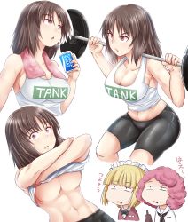 Rule 34 | 3girls, abs, barbell, beer bottle, black eyes, black hair, black neckwear, blonde hair, blouse, blunt bangs, bow, bowtie, breasts, brown vest, can, chibi, closed mouth, clothes lift, clothes writing, commentary, cropped legs, cropped torso, curly hair, cutlass (girls und panzer), dixie cup hat, dress shirt, drink can, english text, exercise, frown, girls und panzer, half-closed eyes, hat, highres, holding, holding can, kitayama miuki, large breasts, lifted by self, logo parody, long hair, looking at another, looking at viewer, maid headdress, military hat, multiple girls, murakami (girls und panzer), muscular, muscular female, navel, neckerchief, no bra, ooarai naval school uniform, open mouth, pink towel, red hair, rum (girls und panzer), sailor, sailor collar, school uniform, shirt, shirt lift, short hair, soda can, standing, sweat, tank top, towel, towel around neck, translated, underboob, vest, weightlifting, white headwear, white shirt
