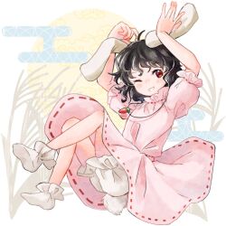 Rule 34 | 1girl, ;d, \||/, ahoge, animal ears, arms up, bare legs, black hair, bloomers, blush, carrot necklace, commentary request, dress, flat chest, frills, full body, highres, inaba tewi, jewelry, kimura8556spsk, legs up, looking at viewer, messy hair, necklace, nose blush, one eye closed, open mouth, parted lips, petite, pink dress, puffy short sleeves, puffy sleeves, rabbit ears, rabbit tail, red eyes, short hair, short sleeves, simple background, smile, solo, tail, teeth, touhou, underwear