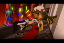 Rule 34 | 1girl, ascot, bad id, bad pixiv id, blonde hair, desert eagle, embodiment of scarlet devil, fangs, female focus, finger on trigger, flandre scarlet, gun, handgun, hat, letterboxed, nail polish, red eyes, short hair, side ponytail, silver hair, solo, tomon (slash0410), tongue, tongue out, touhou, weapon, wings