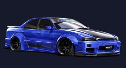 Rule 34 | absurdres, black background, car, commentary, commission, english commentary, falken tire, highres, mixed-language commentary, motor vehicle, nissan, nissan skyline, nissan skyline r34, no humans, original, silenxe, stance (vehicle), vehicle focus