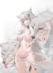 Rule 34 | 1girl, :d, absurdres, animal, animal ears, arknights, bracelet, breasts, collar, convenient censoring, cowboy shot, grey eyes, grey hair, groin, hair censor, hair over breasts, highres, jewelry, lappland (arknights), large breasts, long hair, material growth, navel, nude, open mouth, oripathy lesion (arknights), parted lips, sama (sama24654684), scar, scar across eye, scar on face, simple background, smile, snowing, solo, stomach, tail, very long hair, white background, wolf, wolf ears, wolf girl, wolf tail