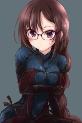 Rule 34 | 1girl, akuta hinako, arm under breasts, asymmetrical bangs, black-framed eyewear, black dress, black gloves, blue sweater, blush, braid, breast hold, breasts, brown hair, dress, elbow gloves, fate/grand order, fate (series), glasses, gloves, highres, large breasts, long braid, long hair, looking at viewer, nanaume (shichimi tougarashi), purple eyes, ribbed sweater, simple background, single braid, sitting, solo, strapless, strapless dress, sweatdrop, sweater, sweater dress, very long hair, yu mei-ren (fate), yu mei-ren (first ascension) (fate)