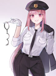 Rule 34 | 1girl, absurdres, aivysu, black necktie, blush, breasts, cowboy shot, cuffs, gloves, handcuffs, hat, highres, holding, holding handcuffs, hololive, hololive english, holster, jacket, jacket over shoulder, unworn jacket, large breasts, long hair, looking at viewer, mori calliope, necktie, pink eyes, pink hair, police, police hat, police uniform, policewoman, shirt, smile, thick thighs, thighs, uniform, very long hair, virtual youtuber, white gloves, white shirt