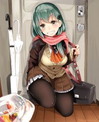 Rule 34 | 10s, 1girl, bad id, bad twitter id, bag, black pantyhose, blush, breasts, brown eyes, brown jacket, brown skirt, commentary request, door, enpera, eyebrows, green hair, grin, hair ornament, hairclip, handbag, indoors, jacket, kanna (horntp), kantai collection, kneeling, long hair, long sleeves, looking at viewer, medium breasts, pantyhose, parted lips, pink scarf, pleated skirt, scarf, shiny clothes, skirt, smile, solo, suzuya (kancolle), umbrella