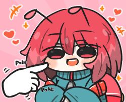 Rule 34 | +++, 1girl, 1other, :d, antennae, backpack, bag, blue jacket, blush, commentary request, disembodied hand, english text, hair between eyes, heart, highres, jacket, long sleeves, open mouth, original, outline, pink background, red eyes, red hair, sleeves past wrists, smile, solo focus, sunburst, sunburst background, teeth, uni souchou, upper body, upper teeth only, white outline