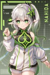 Rule 34 | 1girl, absurdres, adapted costume, cross-shaped pupils, detached sleeves, dress, genshin impact, green eyes, green hair, hair ornament, highres, long hair, looking at viewer, multicolored hair, nahida (genshin impact), pointy ears, reia hana, side ponytail, smile, solo, symbol-shaped pupils, tagme, white hair