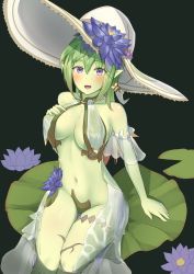Rule 34 | 1girl, :d, absurdres, arm support, bare shoulders, bell orgel, blue flower, blush, breast curtains, breasts, colored skin, flower, green hair, green skin, hair between eyes, highres, legs together, lily pad, looking at viewer, mole, mole under eye, monster girl, navel, open mouth, original, plant girl, purple eyes, revealing clothes, see-through, short hair, sitting, smile, solo, white headwear