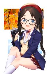Rule 34 | 1girl, absurdres, badge, beige sweater, beret, black hair, blazer, blue eyes, bow, button badge, camera, commentary request, glasses, hat, highres, idolmaster, idolmaster shiny colors, jacket, knee up, kneehighs, long hair, long sleeves, looking at viewer, miniskirt, mitsumine yuika, plaid, plaid skirt, pleated skirt, red bow, red hat, red skirt, shirt, sitting, skirt, socks, solo, twintails, usanta, white shirt, white socks