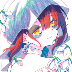 Rule 34 | 1girl, bags under eyes, choker, closed mouth, commentary request, earrings, flower, hair between eyes, highres, indie virtual youtuber, jewelry, limited palette, looking at viewer, looking back, mizuinokima, portrait, red hair, short hair, smile, snowdrop (flower), solo, tearing up, upper body, veil, virtual youtuber, white background, white choker, white flower, yellow eyes, yosumi (vtuber)