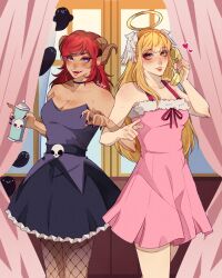 2girls angel angel_and_devil blonde_hair bracelet choker demon_girl demon_horns devilish_hairdresser dress fur-trimmed_dress fur_trim halo head_wings highres holding horns jewelry long_hair looking_at_viewer multiple_girls phone pink_dress red_hair saltiepng skull_ornament smile wings