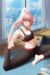 Rule 34 | 1girl, :o, absurdres, armpits, black sports bra, blue sky, blurry, blurry background, bottle, breasts, cityscape, cleavage, collarbone, curtains, feet, highres, light blush, looking at viewer, mountain, navel, original, pants, pink hair, pucohiiiii, short hair, sky, small breasts, soles, solo, sports bra, stretching, sweat, toes, towel, window, wooden floor, yellow eyes, yoga, yoga mat, yoga pants