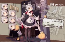 Rule 34 | 1girl, azur lane, bare shoulders, bismarck (azur lane), black footwear, black thighhighs, bug, butterfly, commentary request, expressions, grey hair, hair ornament, indoors, insect, iron blood (emblem), kinjo kuromomo, long hair, maid, maid headdress, manjuu (azur lane), official alternate costume, official art, promotional art, ribbon, robotic vacuum cleaner, sculpture, standing, thigh strap, thighhighs, yellow eyes, z46 (azur lane), z46 (chronicles of the dust wars) (azur lane)