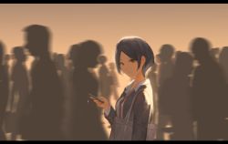 Rule 34 | backlighting, bag, black hair, cellphone, commentary request, crowd, earrings, hayami kanade, highres, holding, holding phone, idolmaster, idolmaster cinderella girls, jacket, jewelry, letterboxed, looking at viewer, necktie, open clothes, open jacket, parted bangs, phone, red neckwear, school bag, shioda (shioda 5), shirt, short hair, silhouette, smartphone, solo focus, stud earrings, yellow eyes