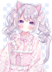 Rule 34 | 1girl, animal ears, blush, cat ears, cat girl, cat tail, checkered background, corset, curly hair, drill hair, frilled corset, frills, grey hair, hair ornament, hair ribbon, hairclip, hand on own chest, highres, japanese clothes, kimono, lace-trimmed sleeves, lace trim, lolita fashion, long hair, long sleeves, looking at viewer, neck ribbon, original, pearl hair ornament, purple eyes, puu (kari---ume), ribbon, solo, tail, twin drills, twintails, wa lolita, wide sleeves, wrist cuffs