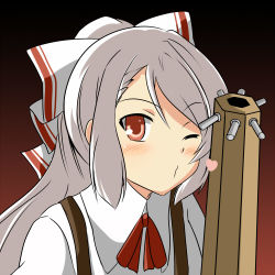 Rule 34 | 1girl, alternate hairstyle, arm cannon, be (o-hoho), blush, bow, face, female focus, fujiwara no mokou, hair bow, heart, long hair, ponytail, red eyes, silver hair, solo, touhou, weapon, wink