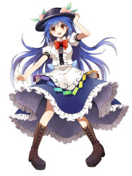 Rule 34 | 1girl, :d, blue hair, boots, bow, cross-laced footwear, dress, female focus, food, frilled dress, frills, fruit, full body, hand on headwear, hat, highres, hinanawi tenshi, lace-up boots, long hair, looking at viewer, mauve, open mouth, peach, simple background, smile, solo, touhou, white background, yellow eyes