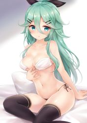 Rule 34 | 1girl, :o, aqua hair, bare arms, bare shoulders, bed sheet, bikini, bikini bottom only, bikini pull, black bikini, black ribbon, black thighhighs, blue eyes, blush, breasts, cleavage, clothes pull, collar, hair between eyes, hair ornament, hair ribbon, hairclip, high ponytail, kantai collection, leaning to the side, long hair, looking at viewer, mask, medium breasts, mismatched bikini, mouth mask, navel, nikoo, parted lips, pillow, pulling own clothes, ribbon, side-tie bikini bottom, sitting, solo, strapless, strapless bikini, swimsuit, thighhighs, very long hair, white bikini, yamakaze (kancolle)