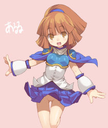 Rule 34 | 1girl, :d, arle nadja, armor, blue skirt, breastplate, breasts, brown eyes, brown hair, cape, clothes lift, madou monogatari, medium breasts, no panties, onono imoko, open mouth, pink background, ponytail, puyopuyo, short hair, skinny, skirt, skirt lift, small breasts, smile, solo, thigh gap, upskirt, wind, wind lift
