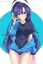 Rule 34 | 1girl, black shirt, blue archive, blue jacket, buruma, can, collarbone, commentary request, eyes visible through hair, gym shirt, gym uniform, hair between eyes, halo, helvetica std, high ponytail, highres, holding, holding can, holding towel, jacket, long hair, long sleeves, looking at viewer, official alternate costume, open clothes, open jacket, parted bangs, parted lips, partial commentary, ponytail, purple eyes, purple hair, shirt, short sleeves, sidelocks, simple background, solo, sweat, towel, track jacket, two-tone background, wet, wet clothes, wet shirt, yuuka (blue archive), yuuka (track) (blue archive)