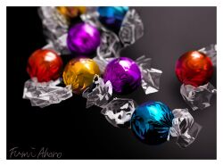 Rule 34 | aon968, artist name, black background, blurry, border, candy, candy wrapper, commentary request, depth of field, food, food focus, no humans, original, realistic, signature, still life, white border