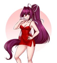 Rule 34 | 1girl, breasts, cleavage, commentary, dojipan, dress, english commentary, grin, hair intakes, hair ribbon, hand on own hip, jacket, jacket over shoulder, unworn jacket, long hair, looking at viewer, medium breasts, no bra, ponytail, purple hair, red dress, red eyes, ribbon, short dress, side slit, slit pupils, smile, solo, spaghetti strap, under night in-birth, very long hair, yuzuriha (under night in-birth)