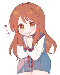 Rule 34 | 1girl, asahina mikuru, blue sailor collar, blue skirt, blush, brown eyes, brown hair, hands up, highres, kita high school uniform, long hair, long sleeves, looking at viewer, parted lips, pleated skirt, red ribbon, ribbon, sailor collar, school uniform, serafuku, shirt, signature, simple background, skirt, sofra, solo, suzumiya haruhi no yuuutsu, tears, translation request, very long hair, white background, white shirt