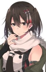 Rule 34 | 1girl, bare shoulders, black necktie, brown hair, closed mouth, detached sleeves, hair between eyes, hair ornament, kantai collection, long sleeves, looking at viewer, necktie, rinto (rint rnt), scarf, sendai (kancolle), sendai kai ni (kancolle), sleeves past wrists, solo, tassel, two side up, upper body, white scarf