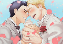 Rule 34 | 2boys, ao isami, black hair, blonde hair, blush, couple, facial hair, flower, forehead-to-forehead, formal, from side, happy, heads together, highres, holding hands, husband and husband, jewelry, lewis smith, male focus, multiple boys, noses touching, off shoulder, profile, ring, rose, sideburns stubble, stubble, suit, thick eyebrows, wedding ring, yaoi, yuuki bakuhatsu bang bravern, yuzuki (hmr813k)
