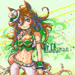 Rule 34 | 1girl, ahoge, arm at side, armband, black eyes, breasts, brown hair, character name, choker, cleavage, closed mouth, cowboy shot, cropped jacket, hair between eyes, hair ornament, hairclip, hand on own hip, highres, jacket, long hair, looking at viewer, midriff, mr. c.b. (umamusume), navel, pants, pixel art, shirt, single wrist cuff, small breasts, smile, solo, sparkle, standing, strapless, strapless shirt, umamusume, white jacket, white pants, wrist cuffs, zaidantrainer