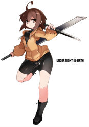 Rule 34 | 1girl, ahoge, bike shorts, boots, brown eyes, brown hair, dual wielding, expressionless, fighting stance, flat chest, full body, holding, holding weapon, jacket, karukan (monjya), knife, leg up, linne, looking at viewer, petite, shirt, short hair, shorts, simple background, standing, standing on one leg, sword, under night in-birth, weapon, white background, zipper