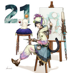 Rule 34 | 1boy, :d, alcohol, artist request, belt, black hair, boots, brown belt, brown footwear, canvas (object), chair, cup, dagger, drinking glass, facial mark, final fantasy, final fantasy xiv, from behind, hat, heterochromia, highres, holding, holding cup, holding paintbrush, holding palette, hood, hood down, jacket, knife, looking at viewer, male focus, miqo&#039;te, moogle, open mouth, paint stains, paintbrush, painting (action), painting (object), palette (object), pants, pictomancer (final fantasy), plume, red eyes, red wine, short hair, signature, simple background, sitting, smile, solo, stool, tail raised, weapon, whisker markings, white background, white jacket, white pants, wine, wine glass, yellow eyes