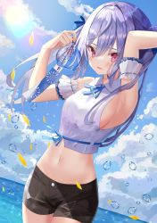 Rule 34 | 1girl, absurdres, arm garter, armpits, arms up, bare shoulders, black shorts, blue sky, breasts, cloud, collared shirt, cowboy shot, crop top, day, hair ribbon, highres, holding, long hair, looking at viewer, medium breasts, midriff, navel, neck ribbon, ocean, original, outdoors, parted lips, purple hair, red eyes, ribbon, shirt, short shorts, shorts, sideboob, sinobi illust, sky, sleeveless, sleeveless shirt, smile, solo, stomach, sunlight, twintails, white shirt, wind chime