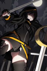 Rule 34 | 1girl, belt, black hair, black thighhighs, boots, clenched teeth, full moon, holding, hood, jacket, len (a-7), long hair, lowres, moon, night, outdoors, shaded face, smile, solo, sword, sword girls, teeth, thighhighs, weapon