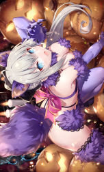 Rule 34 | 1girl, :o, all fours, animal ear fluff, animal ears, blue eyes, blush, bow, braid, breasts, claws, cleavage, commentary request, cosplay, elbow gloves, fang, fate/grand order, fate (series), from side, fur trim, gabiran, gloves, hand up, highres, large breasts, looking at viewer, mash kyrielight, mash kyrielight (dangerous beast), mash kyrielight (dangerous beast) (cosplay), morgan le fay (fate), official alternate costume, open mouth, pumpkin, purple tail, red bow, revealing clothes, short hair, solo, tail, thighhighs, tongue, wolf ears, wolf tail
