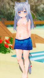 Rule 34 | 1girl, 3d, absurdres, animal ears, arms behind back, artist request, beach, beach towel, blue eyes, blue male swimwear, blue swim trunks, blurry, blurry background, blush, breasts, character request, day, exhibitionism, female focus, fox ears, grey hair, highres, long hair, looking at viewer, male swimwear, male swimwear challenge, nipples, outdoors, print male swimwear, print swim trunks, print swimsuit, public indecency, sand, small breasts, solo, standing, swim trunks, swimsuit, tagme, tail, topless, towel