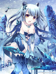 Rule 34 | 1girl, blizzard, blue hair, blue thighhighs, breasts, cleavage, crystal sword, d:, elbow gloves, gloves, hair ornament, highres, jewelry, long hair, melting, miyase mahiro, monster girl, necklace, open mouth, original, slime girl, snowflake hair ornament, snowflakes, solo, sword, tenkuu no kuni no titania, thighhighs, weapon, yellow eyes