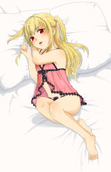 Rule 34 | 1boy, barefoot, bed, blonde hair, blush, crossdressing, feet, frills, from above, highres, long hair, looking at viewer, male focus, maria holic, nightgown, open mouth, panties, pillow, red eyes, shidou mariya, solo, trap, twintails, underwear