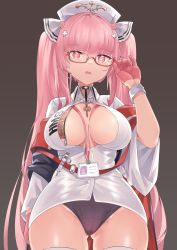 Rule 34 | 1girl, azur lane, black panties, breasts, breasts apart, cross, glasses, gloves, hat, heart, heart-shaped pupils, highres, id card, jacket, looking at viewer, nurse, nurse cap, official alternate costume, panties, perseus (azur lane), perseus (unfamiliar duties) (azur lane), pink eyes, pink hair, symbol-shaped pupils, syringe, take yaki, thighs, twintails, underwear, vial, wristband
