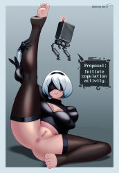 Rule 34 | 1girl, anus, black gloves, black thighhighs, blindfold, border, breasts, cleavage cutout, cleft of venus, clothing cutout, draw-till-death, feet, full body, gloves, grey background, hairband, highres, large breasts, leg up, lips, mole, mole under mouth, nier (series), nier:automata, parted lips, pussy, short hair, silver hair, sitting, soles, spread legs, text focus, thighhighs, thighs, toeless legwear, toes, uncensored, 2b (nier:automata)
