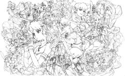 Rule 34 | 6+boys, 6+girls, bad id, bad pixiv id, blush, breasts, cleavage, closed mouth, collarbone, detached sleeves, dress, expressionless, frills, greyscale, jewelry, long sleeves, looking afar, looking at viewer, medium breasts, miyata ryuuichi, monochrome, multiple boys, multiple girls, necklace, original, own hands together, pendant, ryuichi, serious, short hair, small breasts, smile, smirk, strapless, strapless dress, twintails, upper body, wrist cuffs