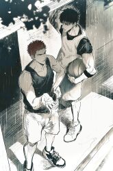 Rule 34 | 2boys, arm at side, armband, ball, basketball (object), chimmyming, from above, hand on own hip, highres, holding, holding ball, male focus, multiple boys, outdoors, rain, red hair, rukawa kaede, sakuragi hanamichi, shoes, short sleeves, shorts, slam dunk (series), sneakers, socks, spot color, tank top, toned, toned male