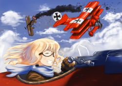 Rule 34 | 1girl, :d, absurdres, aerial battle, aircraft, airplane, battle, biplane, blonde hair, closed eyes, cloud, cross, day, erica (naze1940), fist pump, flying, german text, gloves, goggles, highres, insignia, iron cross, long hair, military, military vehicle, motor vehicle, open mouth, original, outdoors, pilot, pilot suit, propeller, red baron, royal air force, scarf, sky, smile, smoke, solo, teeth, triplane, united kingdom, vehicle, vehicle focus, wings, world war i