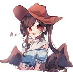Rule 34 | 1girl, bare shoulders, blue dress, blue sleeves, brown hair, brown hat, cowboy hat, dress, hair between eyes, hat, highres, kurokoma saki, long hair, looking at viewer, moshihimechan, multicolored clothes, multicolored dress, off shoulder, open mouth, pink dress, plaid, plaid dress, ponytail, puffy short sleeves, puffy sleeves, red eyes, scarf, short sleeves, simple background, smile, solo, star (symbol), touhou, upper body, white background, white scarf, wings