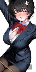 Rule 34 | 1girl, arm up, black hair, black jacket, blue archive, blush, bow, bowtie, breasts, cleavage, grey eyes, hair ornament, jacket, large breasts, nanja, one eye closed, open clothes, open shirt, pantyhose, pencil skirt, red bow, red bowtie, short hair, simple background, skirt, solo, tears, tour guide, tsubaki (blue archive), tsubaki (guide) (blue archive), white background